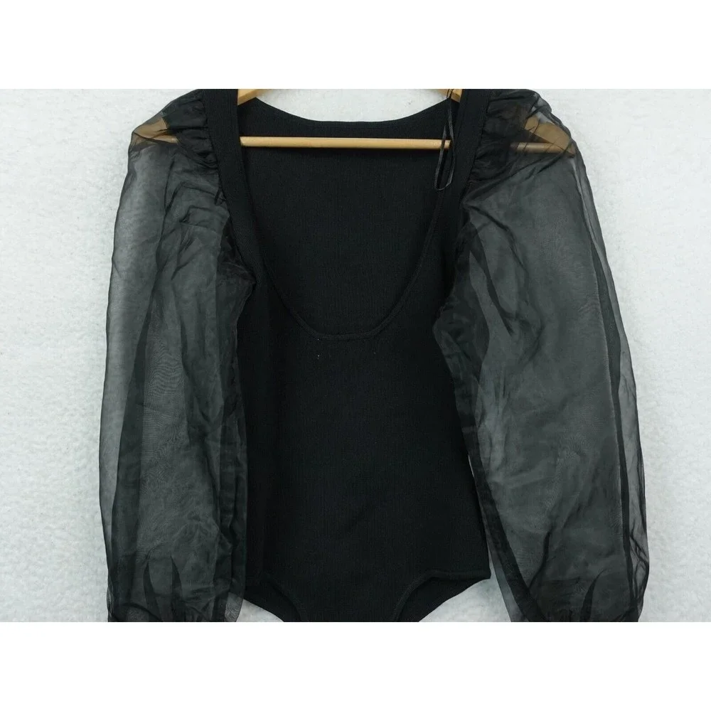 Astr Black Sheer Puff Sleeve Bodysuit